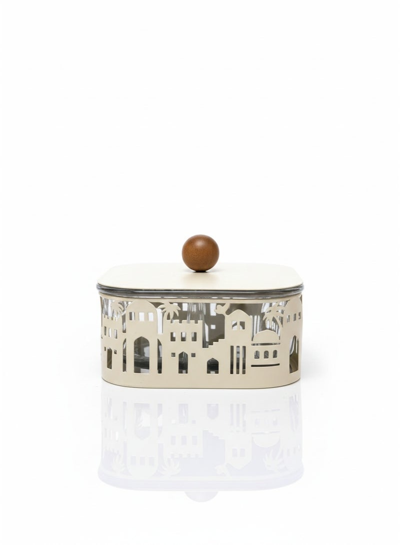 Ramadan Metal Storage Box with Wooden Knob – Decorative Sweets Container